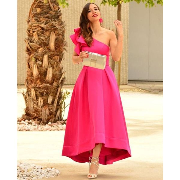 Robes de bal simples haut bas une épaule robe de bal avec poches A-ligne rose satin court devant long dos robe de soirée robe de graduation