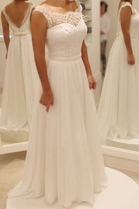 Simple Ivoire Une ligne Plage Robes De Mariée D'été Sheer Cou Bas Dos En Mousseline De Soie Ajusté Pas Cher Bohème Pays Robes De Mariée 2018 Ceinture Perlée