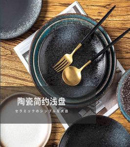 Eenvoudige Japanse en Koreaanse zwarte keramische ronde ondiepe plaat snack pasta steak familie westerse voedsel servies 6797419