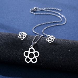 Bijoux simples pour femmes fille fleur pendentif en acier inoxydable collier boucles d'oreilles ensemble Design Unique clavicule chaîne cadeau