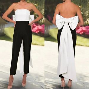 Eenvoudige jumpsuits prom -jurken met afneembare boog strapless mouwloze speciale gelegenheid feestjurken zwart -witte elegante broek pakken avondkleding