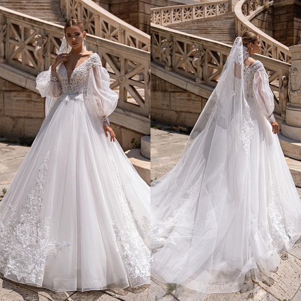 Robes de mariée simples en dentelle, col en V, robes de mariée princesse ligne A, sur mesure, grande taille