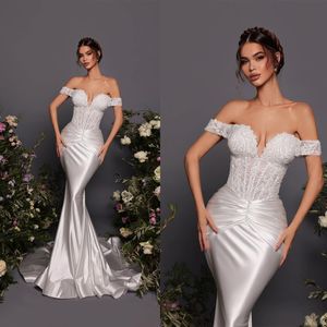 Robes de mariée sirène en dentelle simples, épaules dénudées, sur mesure, avec traîne à balayage, robes de grande taille