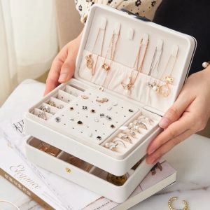 Eenvoudige Grote Dubbellaags Sieradendoos PU Lederen Ketting Oorbel Ringhouder Kist Make-up Organizer Box Voor Geschenken 17*12*8cm