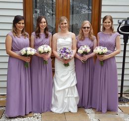 Robes de demoiselle d'honneur simples lavande, plis froncés bon marché, longueur au sol, longue robe de demoiselle d'honneur, vêtements d'invités de mariage de plage