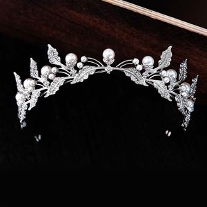 Simple Leaf Crystal Pearls Wedding Crowns Rhinestone Tiaras Royal Princess Diadeem Bridal Bride Noiva Haar Sieraden Forseven