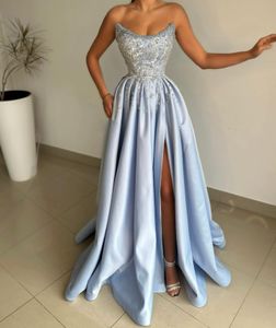 Robe de soirée longue en Satin bleu, Simple, sans bretelles, sans manches, avec fente, longueur au sol, style sirène, sur mesure pour femmes