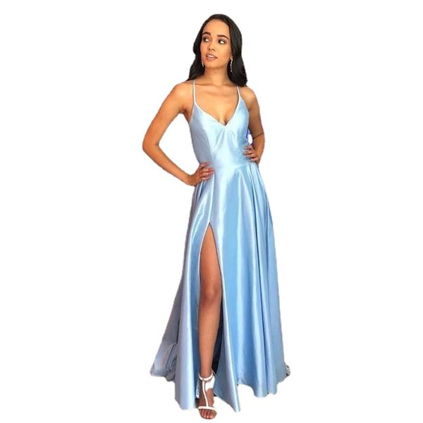 Simple longue robe De soirée bleu ciel clair Satin Vestido De Noite entrecroisé dos femmes Occasion formelle soirée robes De soirée