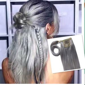 Extensiones de cabello de cola de caballo largas y grises simples Peinado de cola de caballo de transición de cabello gris plateado puro humano para mujeres negras 120 g envuelve postizo