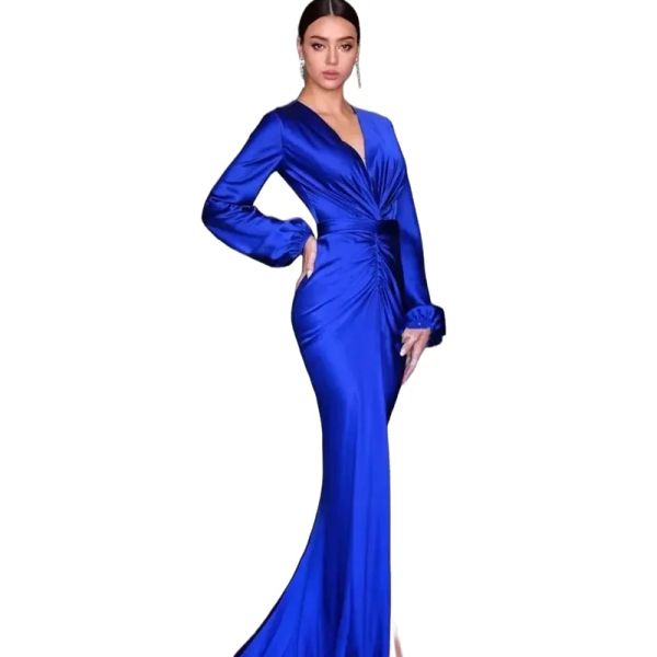 Mangas largas simples Satén Sirena Vestidos de noche Dividir en el frente Azul real Equipado Ocasión especial Vestido para mujer Escote en V Plisado Tallas grandes Vestido de fiesta