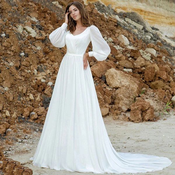 Robes de mariée élégantes longues en mousseline de soie, col en V, manches longues, ligne A, traîne de balayage, robes de mariée sur mesure