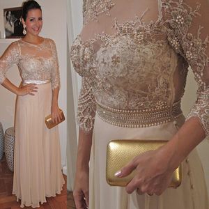 Luxe champgane moeder van de bruid jurk 2022 o nek halve mouw volledige lengte chiffon parels prom jurken elegante vrouwen kanten formele avond slijtage vestidos de fiesta