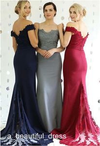 Vestidos simples de sirena para dama de honor con hombros descubiertos, vestidos de fiesta para invitados de boda para mujer, vestidos de encaje con apliques de tren de barrido baratos