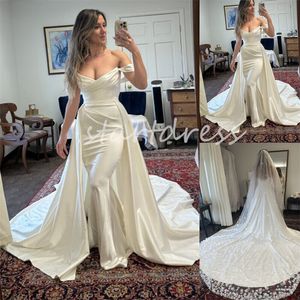 Eenvoudige Zeemeermin Overrok Trouwjurk 2024 Elegant Off Schouders Satijn Landelijke Tuin Bruidsjurken Met Kathedraal Trein Elegante Kerk Bruidsjurk Robe Mariage