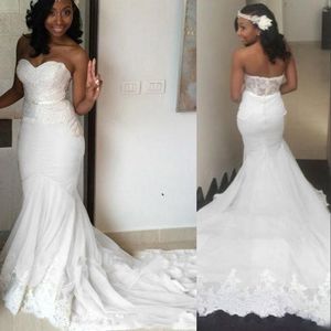 Simple Mermaid Wedding African Sweetheart Illusion Lace Appliques Beach Mouwloze bruid jurken bruidsjurken plus size sweep trein 403