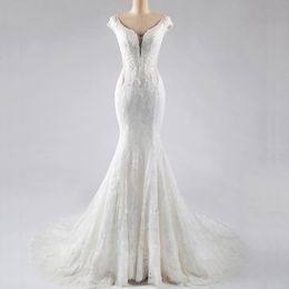 Robe de mariée sirène simple avec appliques en dentelle, col en V, robes de mariée trompette