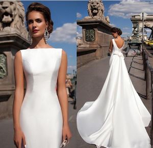 Vestidos de novia de sirena simples 2019 Bateau Cuello de barco Sin mangas Sirena larga ajustada con tren desmontable Arco V Volver Vestidos de novia de talla grande