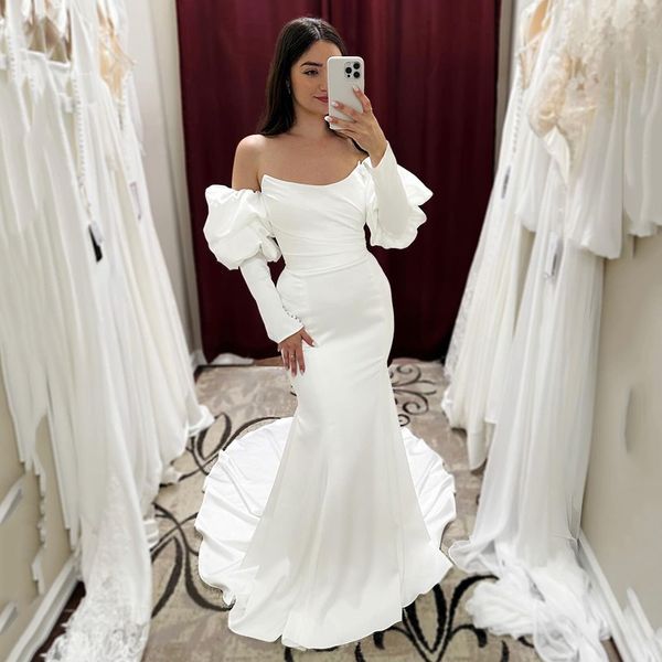 Robes de mariée sirène simples avec manches détachables sans bretelles robe de mariée plissée pour les femmes Satin balayage Train robe de mariée