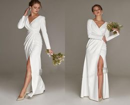 Eenvoudige zeemeermin Witte spleet trouwjurk voor vrouw met lange mouwen Civil Bridal Party Jurk Slim V Neck Elegant Robe de Mariage 203914747