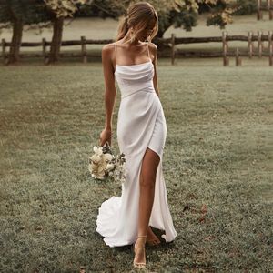 Vestido de Novia blanco sirena sencillo, tirantes finos, corte alto, 2022, satinado, sin espalda, liso, Vestido de Novia, tren de barrido, Vestido de Novia