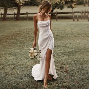 Vestido de Novia blanco sirena sencillo, tirantes finos, abertura larga, 2023, satinado, sin espalda, liso, Vestido de Novia, tren de barrido, Vestido de Novia