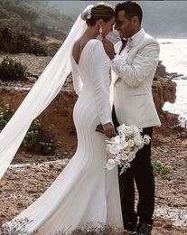 Robe de mariée sirène en crêpe, Simple et moderne, col en v, manches longues, tache, trompette bohème, tenue de mariée