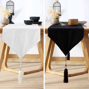 Eenvoudige Moderne Solid White / Black Table Runners Tassel Decoratieve Katoen Tafel Runner voor Meubels Cover Tea Tafel Home Textiel 211117