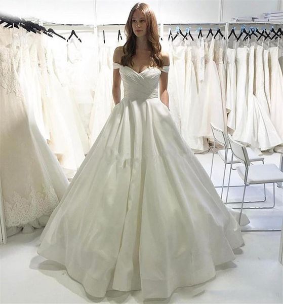 Vestidos de novia sencillos con hombros descubiertos y bolsillos, tren de barrido de línea A, Vestidos de novia de jardín para primavera y verano, novedad de 2021, Vestidos de novia