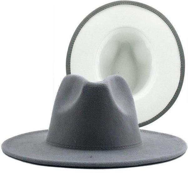 Simple exterior gris interior blanco lana fieltro Jazz Fedora sombreros con hebilla de cinturón delgada hombres mujeres ala ancha Panamá Trilby Cap 56-58-60CM245S