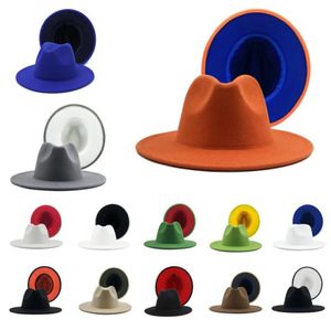 Eenvoudige buitenste oranje binnenblauwe patchwork wol vilt jazz fedora hoeden met dunne riemgesp -mannen vrouwen wijd brim panama trilby cap6752018