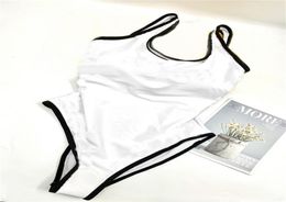 Bikinis de patrón Simple para mujer, traje de baño blanco de una pieza con realce para playa, traje de baño con tirantes Halter encantador 4142468