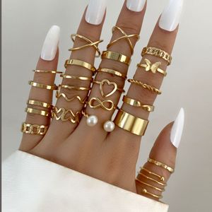 Eenvoudige Parel Steen Hart Gezamenlijke Ring Sets voor Vrouwen Mannen INS Nieuwe Vlinder Zilver Goud Kleur Sieraden Groothandel YMR050