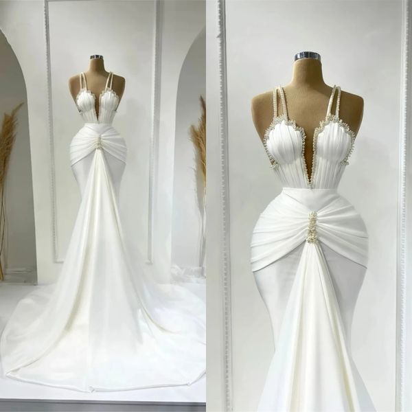 Vestido de novia de perlas simples, vestidos de novia de sirena con cuello en V, tirantes finos, sin mangas, delgado, hecho a medida, tren de barrido, Vestido de novia