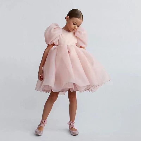 Robes de demoiselle d'honneur roses simples, manches courtes bouffantes, pour mariage, princesse, col rond, en Organza, longueur aux genoux, robes de première Communion, 2024