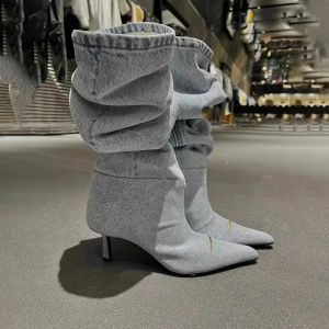 Eenvoudige puntige denim ridderlaarzen Stiletto hakken voor dames