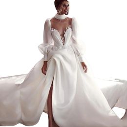 Simple princesse longues robes de mariée robes de mariée une ligne illusion col haut bouffée manches pleines côté fendu blanc ivoire dentelle robe de mariée robe de mariée