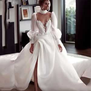 Robes de mariée simples princesse longues robes de mariée une ligne Illusion col haut manches bouffantes côté fendu blanc ivoire dentelle robe de mariée 2023 Robe De Mariee