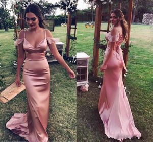 Eenvoudige prom jurken 2018 stoffige roze spaghetti chiffon zeemeermin avondjurken sexy off the shoulder sweep trein formele feestjurk goedkoop