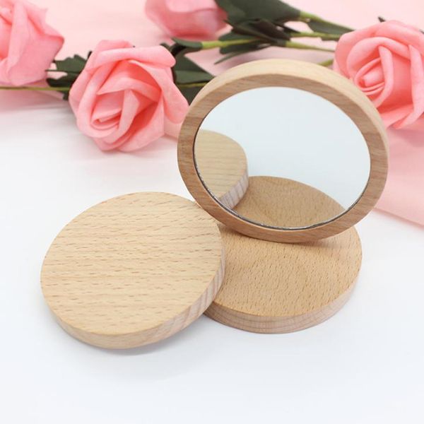 Espejo compacto de 7,5 cm, pequeño, redondo, de madera, con círculos de cristal, espejos de bolsillo, espejo de mano portátil para mujer, monedero, regalo F3147