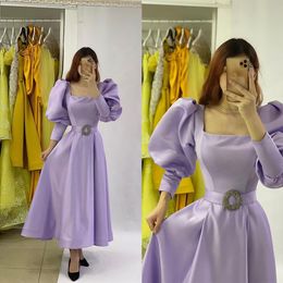 Simple Purple A Line Avondjurken Satijn Lange Mouw Formele Meisjes Prom Pageant Jurken Robe de Soiree