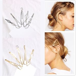 Eenvoudige retro geometrische haarclips mode vrouwen parels pony gouden en zilveren zij clip hoofddeksels 5pcs in één set