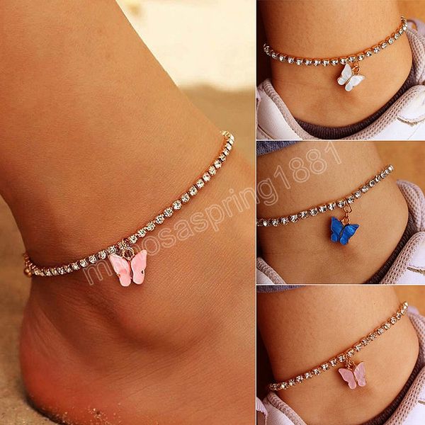 Simple strass chaîne papillon breloques bracelets de cheville bijoux pour femmes exquis cheville Bracelet été plage pied chaîne accessoires