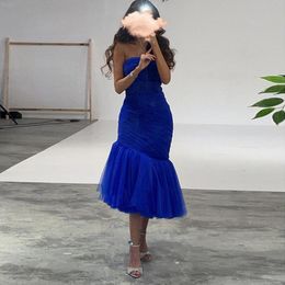 Simple azul real Midi sirena vestido de noche Sexy sin tirantes corto vestidos de graduación para mujeres invitados fiesta vestidos formales vestidos