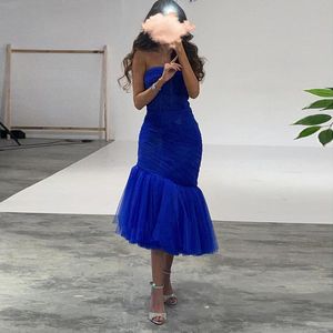 Simple Royal Blue Midi Mermaid Avond Jurk Sexy Strapless Short Prom -jurken voor vrouwen Guestfeest formele jurken jurken jurken