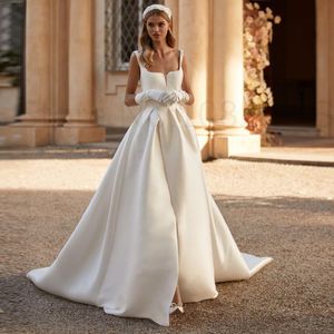 Robes De mariée en Satin simples, fente avant, col carré, jupe plissée à boutons couverts, robes De mariée 326 326