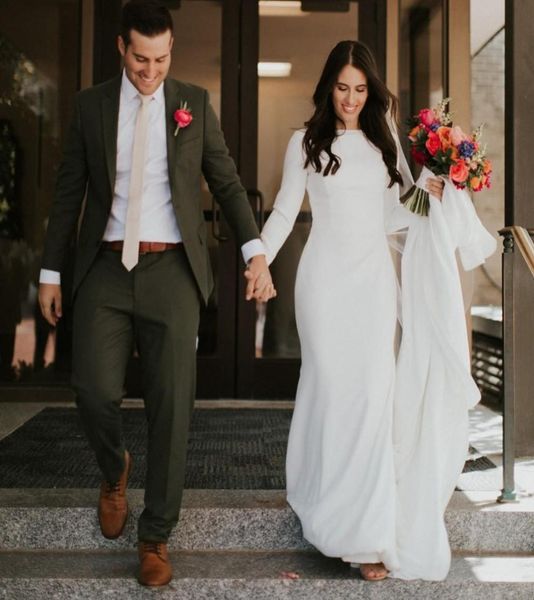 Vestidos de boda modestos de la sirena del satén simple Mangas largas Vestidos de novia modestos de las mujeres occidentales elegantes del país por encargo 3930182