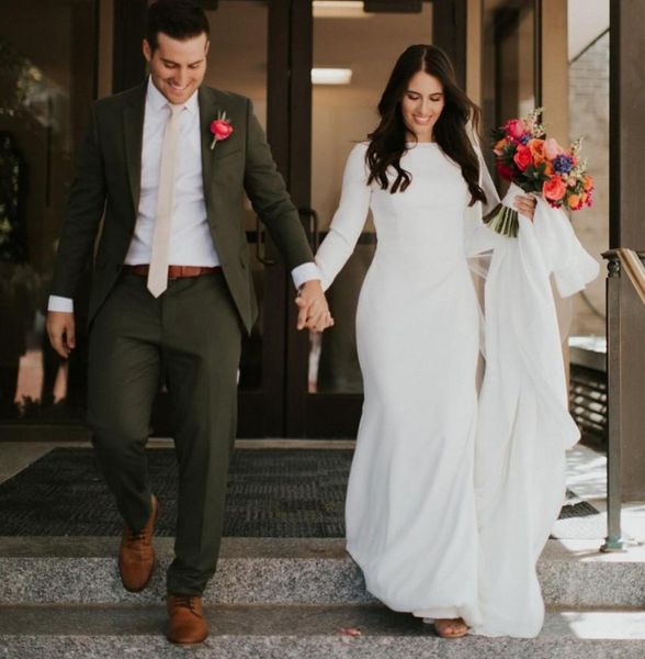 Vestidos de boda modestos de la sirena del satén simple Mangas largas Vestidos de novia modestos de las mujeres occidentales elegantes del país por encargo Made2678147