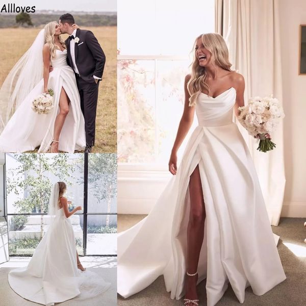 Moderno Simple Satin Boho Country A Line Vestidos de novia Sin tirantes Corte lateral alto Vestidos de novia Sexy Espalda abierta Tallas grandes Maternidad Novia Reeption Robes de Mariee AL9873