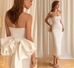 Vestido de novia de satén sencillo 2023 sin tirantes con lazo grande en la espalda hasta el tobillo vestidos de novia para mujer vestido de fiesta Formal blanco elegante bata de boda