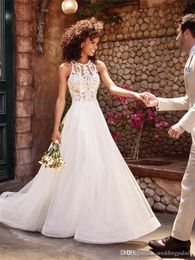 Vestidos de novia sencillos, transparentes, en la playa, apliques de encaje halter, tul, joya, cuello, botones, espalda, Vestidos De Novia, vestido de novia, vestidos de novia